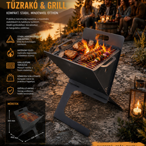 Lumina álló háromszög tűzrakó és grill – kompakt kültéri sütögető - kép 2